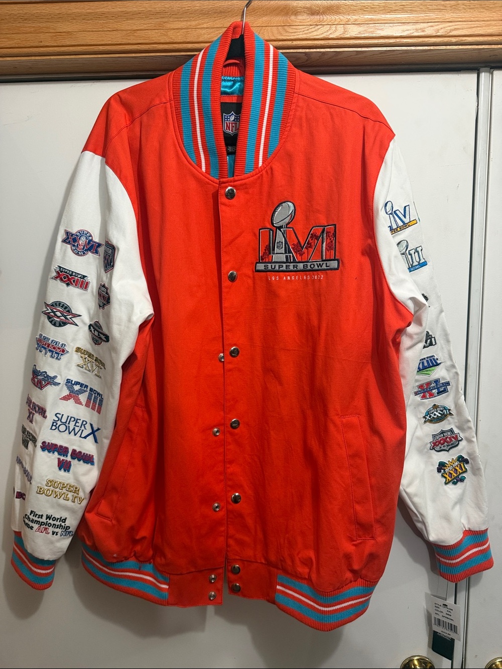 NFL Orange & White Super Bowl LVI Varsity Jacket with Teal Accents